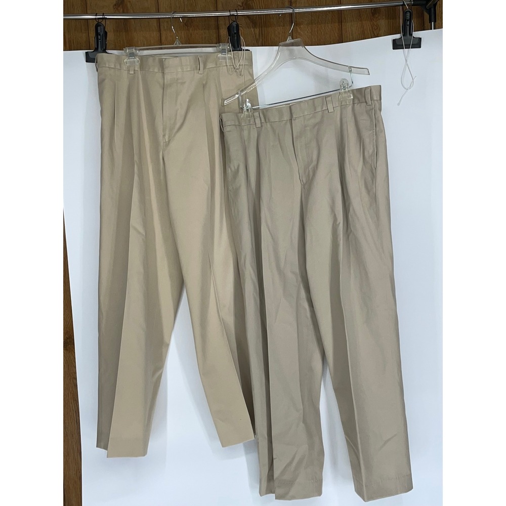 LL Bean Men Pants 38 Lot of 2 Natural Fit Pleated Chino Tan Khaki Cotton READ‎